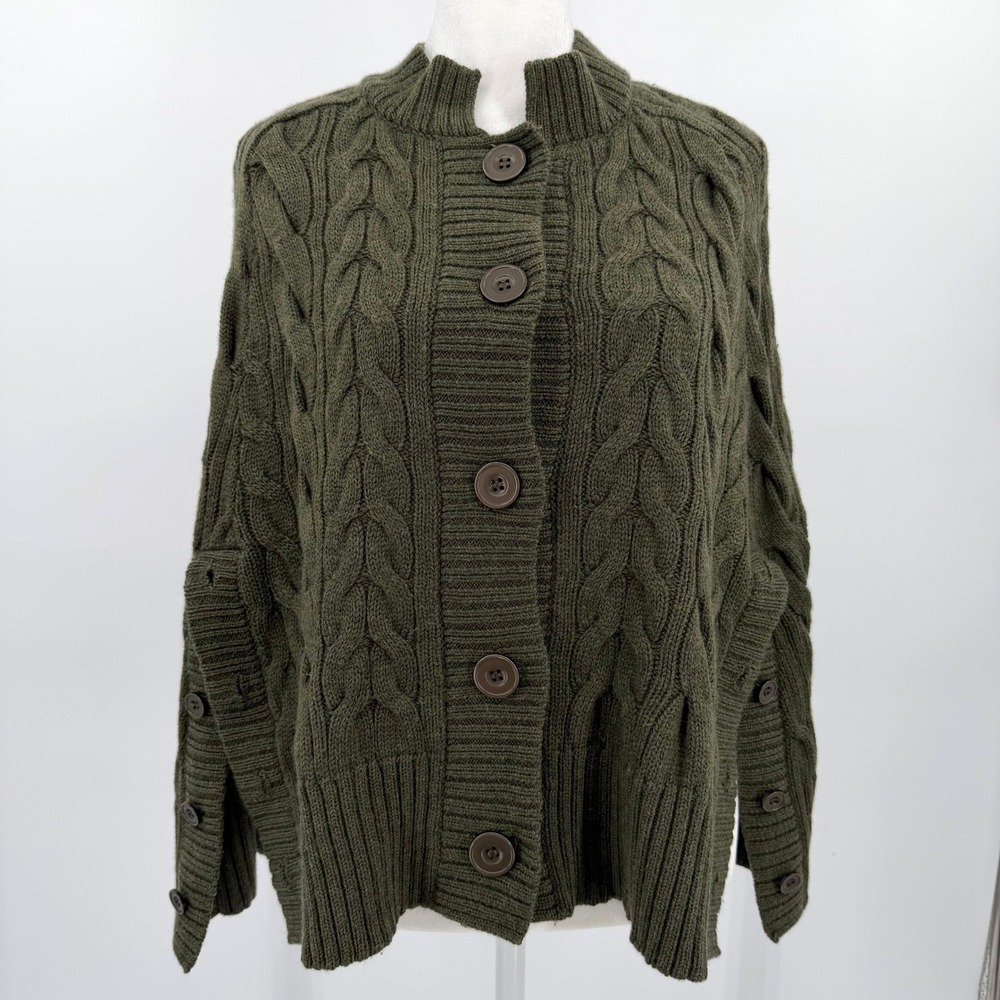 Laundry by Shelli Segal Olive Green Merino Wool Cable Knit Poncho Sweater XS